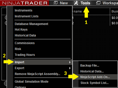 NinjaTrader control center tools menu