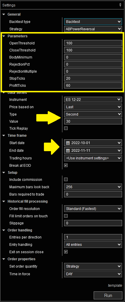 Strategy Analyzer:
Settings panel