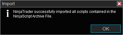 NinjaTrader add-on import success message